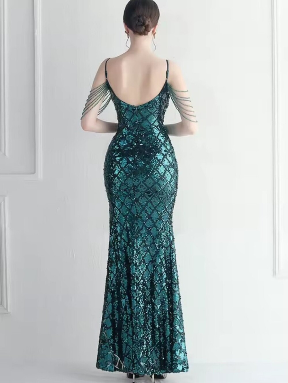 Emerald Sequin V-Neck Evening Gown with Thigh Slit - Picture 6 of 15